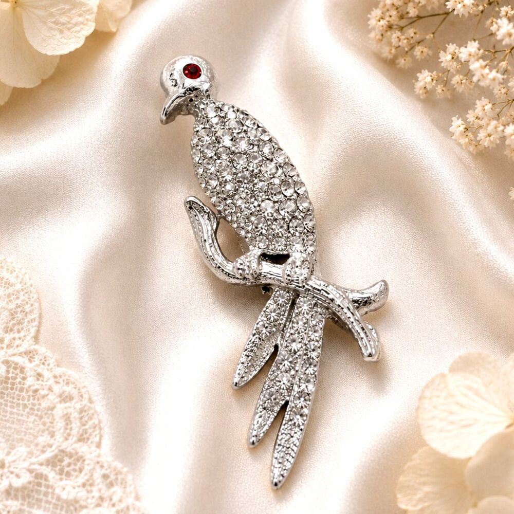 Vintage Pave Rhinestone Silver Tone Bird Brooch